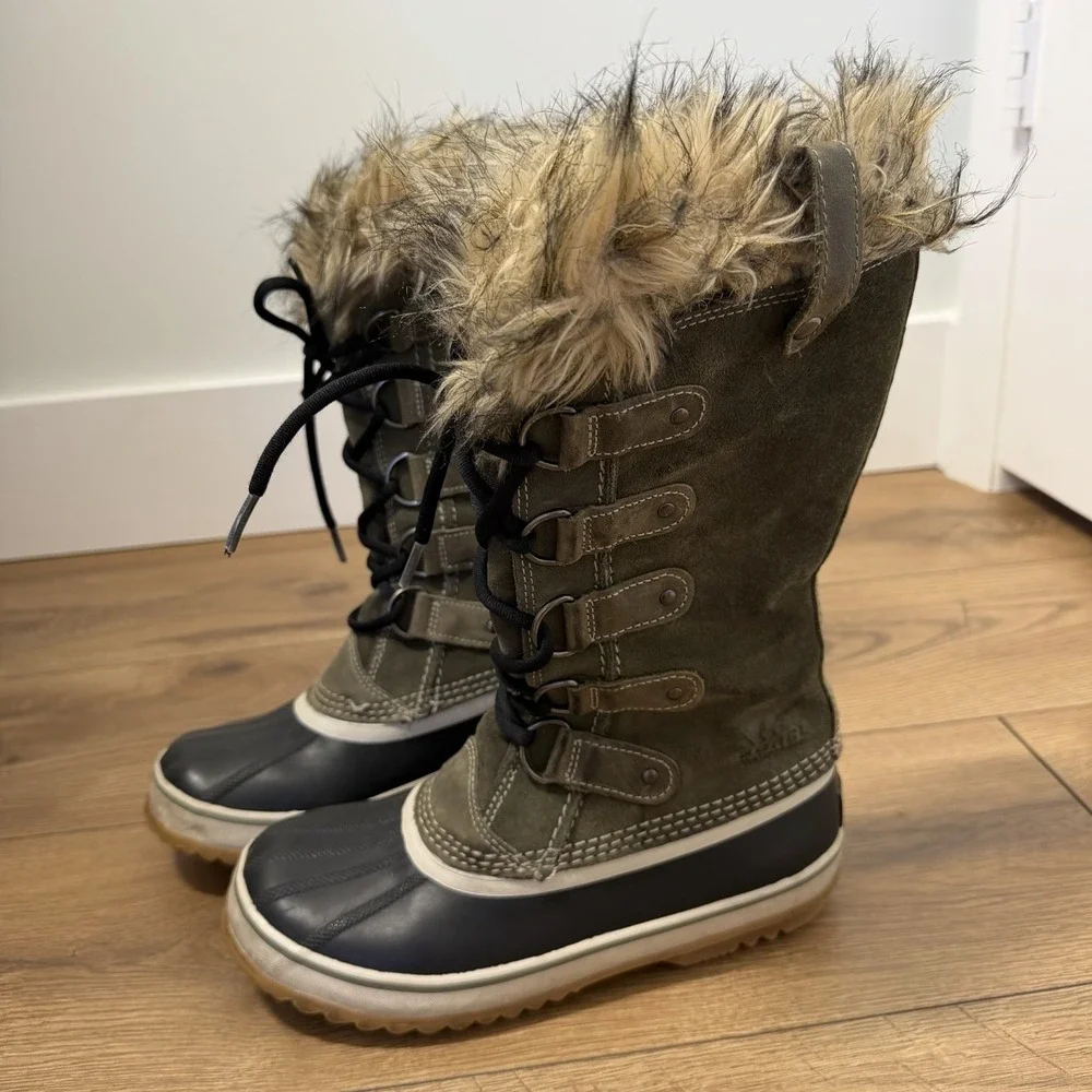 Sorel Waterproof Winter Boots Womens 7 Olive Leather Faux Fur‎ Tall Snow Boots